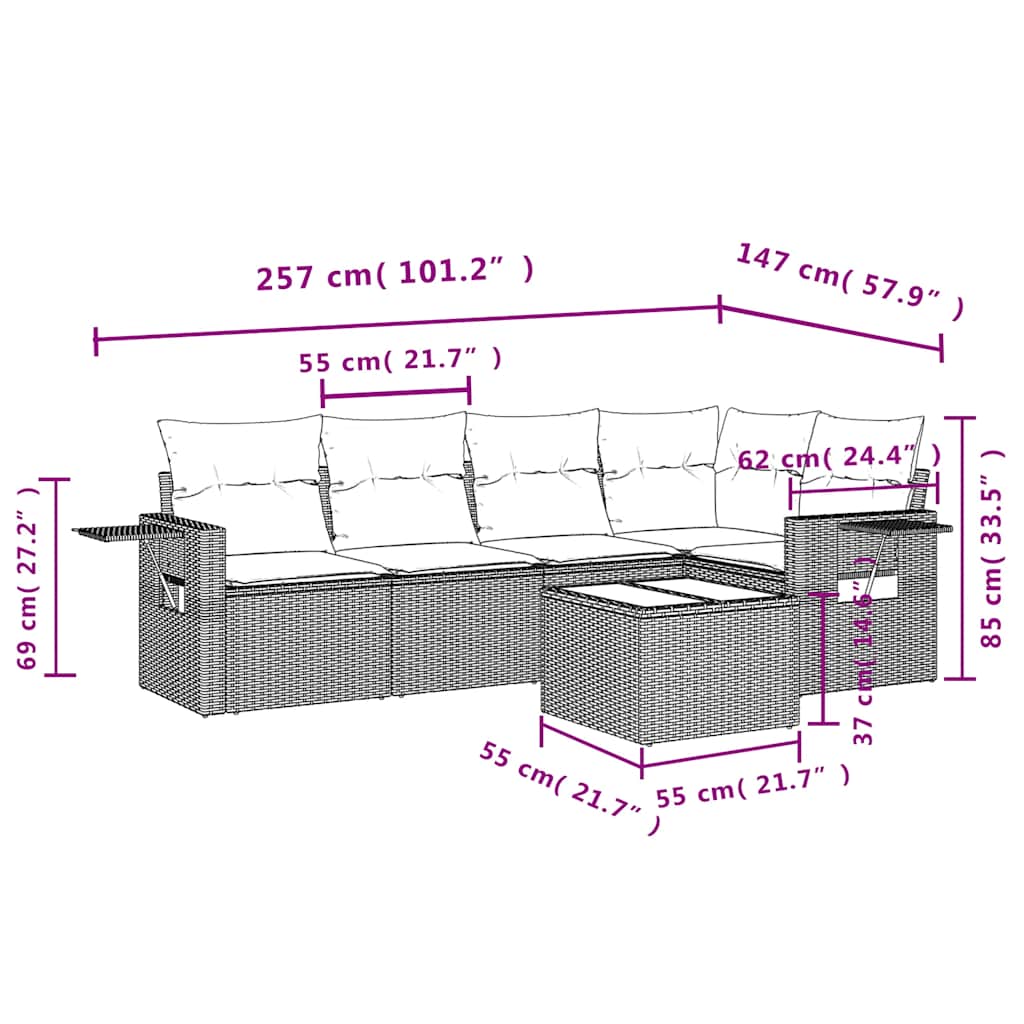 6-delige Loungeset met kussens poly rattan zwart – afbeelding 9