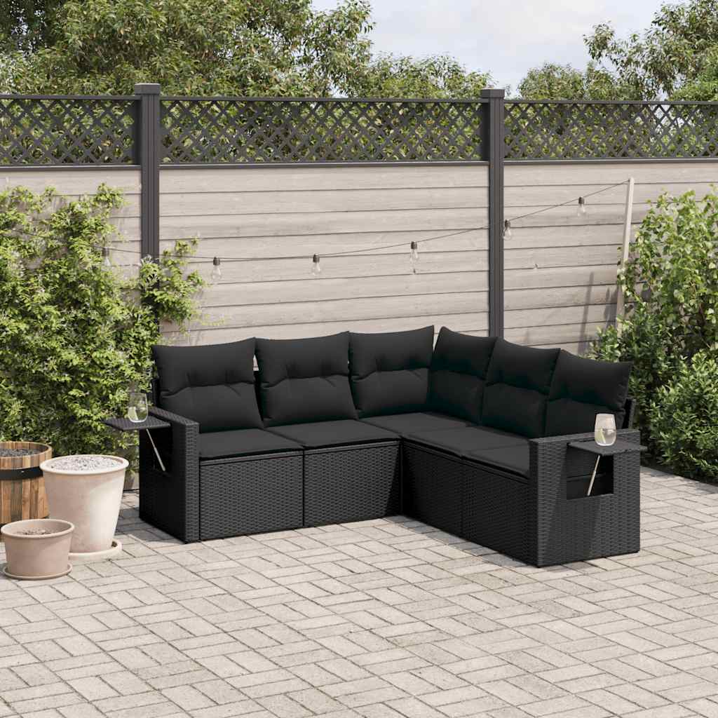 5-delige Loungeset met kussens poly rattan zwart – afbeelding 1