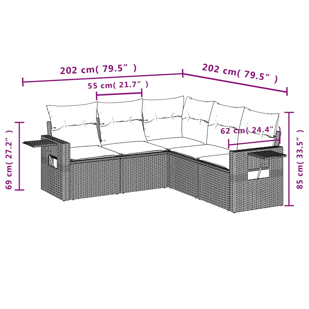 5-delige Loungeset met kussens poly rattan zwart – afbeelding 8