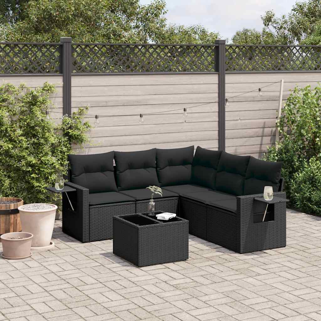6-delige Loungeset met kussens poly rattan zwart – afbeelding 1