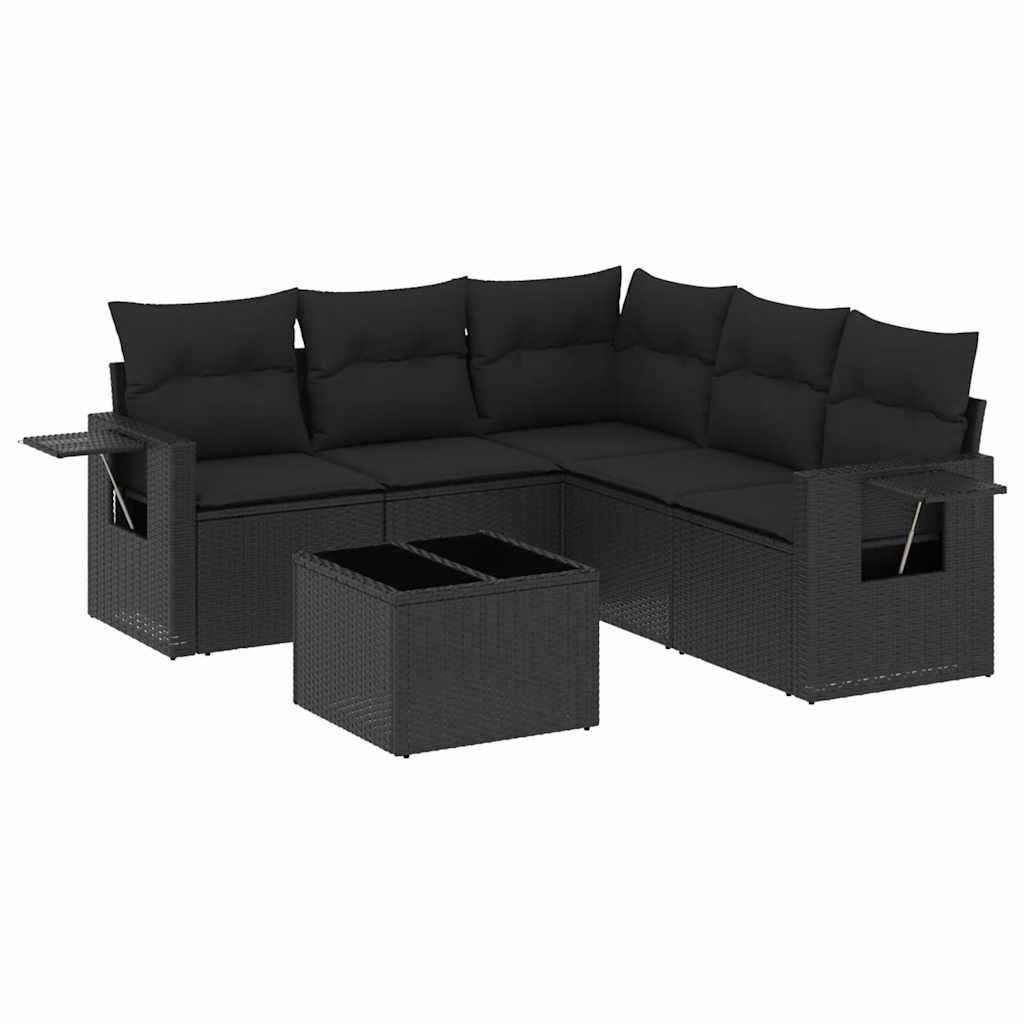 6-delige Loungeset met kussens poly rattan zwart – afbeelding 2
