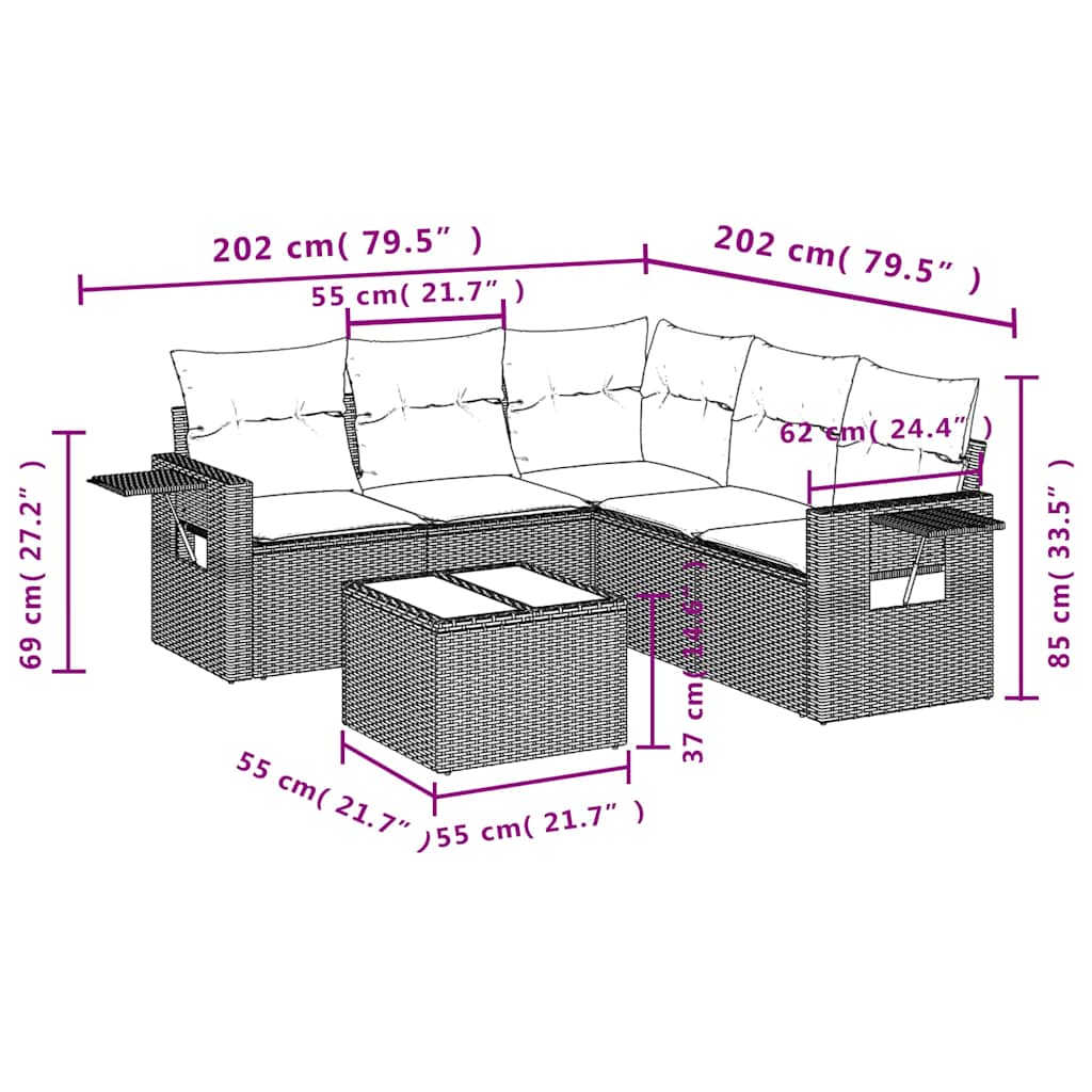 6-delige Loungeset met kussens poly rattan zwart – afbeelding 9