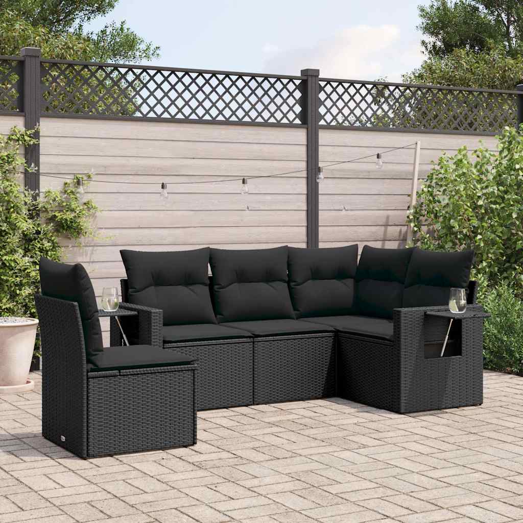 5-delige Loungeset met kussens poly rattan zwart – afbeelding 1