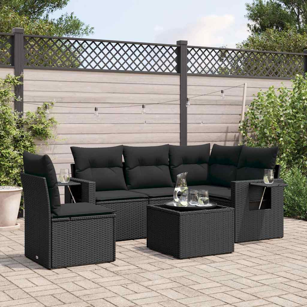 6-delige Loungeset met kussens poly rattan zwart – afbeelding 1