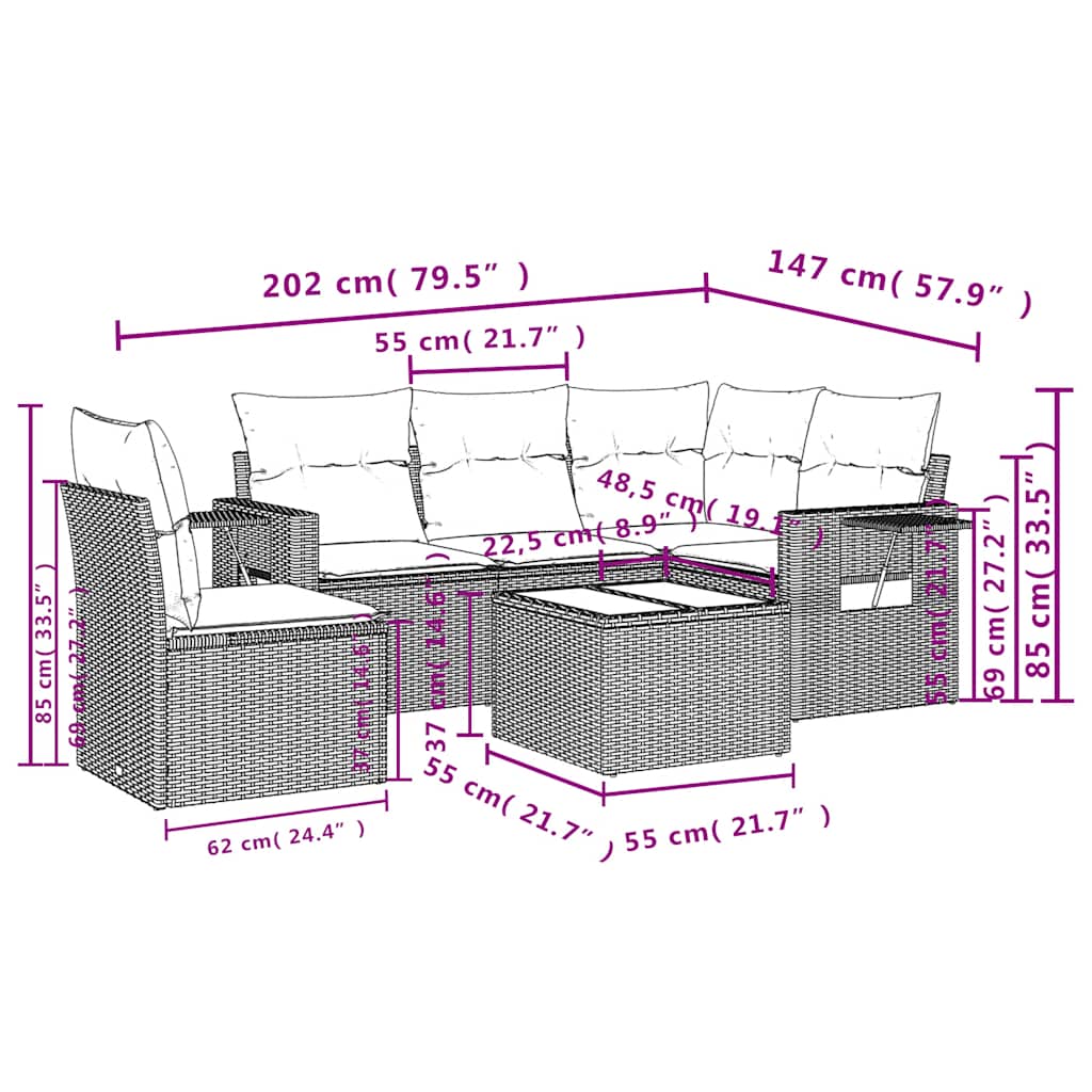 6-delige Loungeset met kussens poly rattan zwart – afbeelding 9