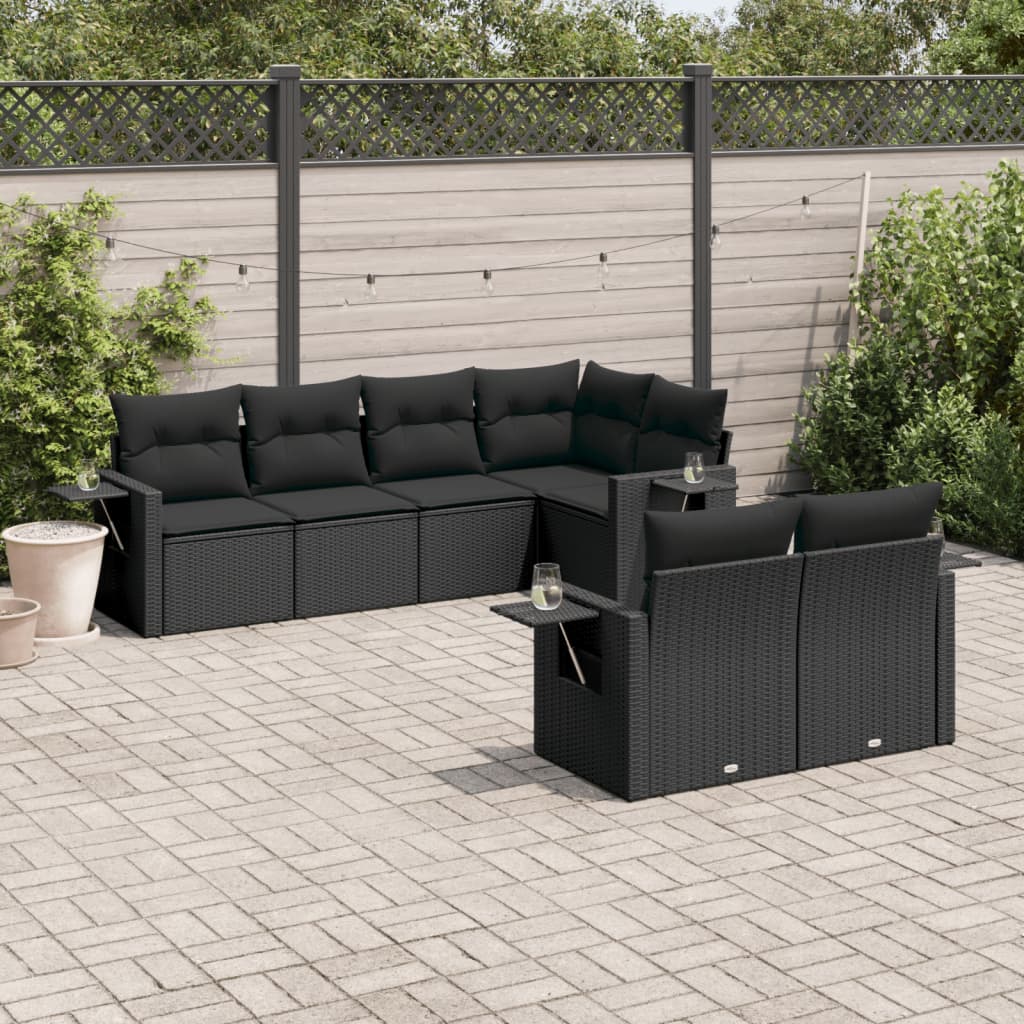 7-delige Loungeset met kussens poly rattan zwart – afbeelding 1