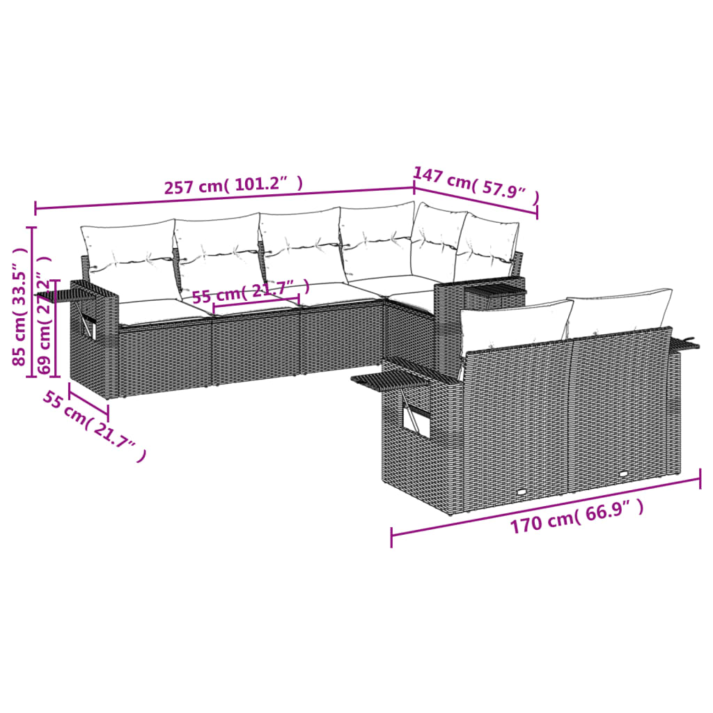 7-delige Loungeset met kussens poly rattan zwart – afbeelding 8