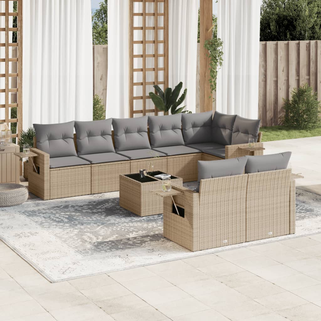 9-delige Loungeset met kussens poly rattan beige – afbeelding 1