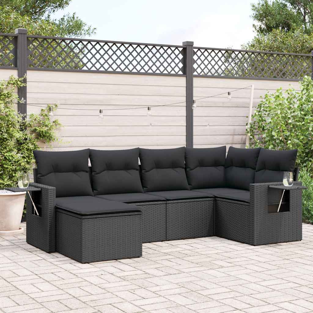 6-delige Loungeset met kussens poly rattan zwart – afbeelding 1