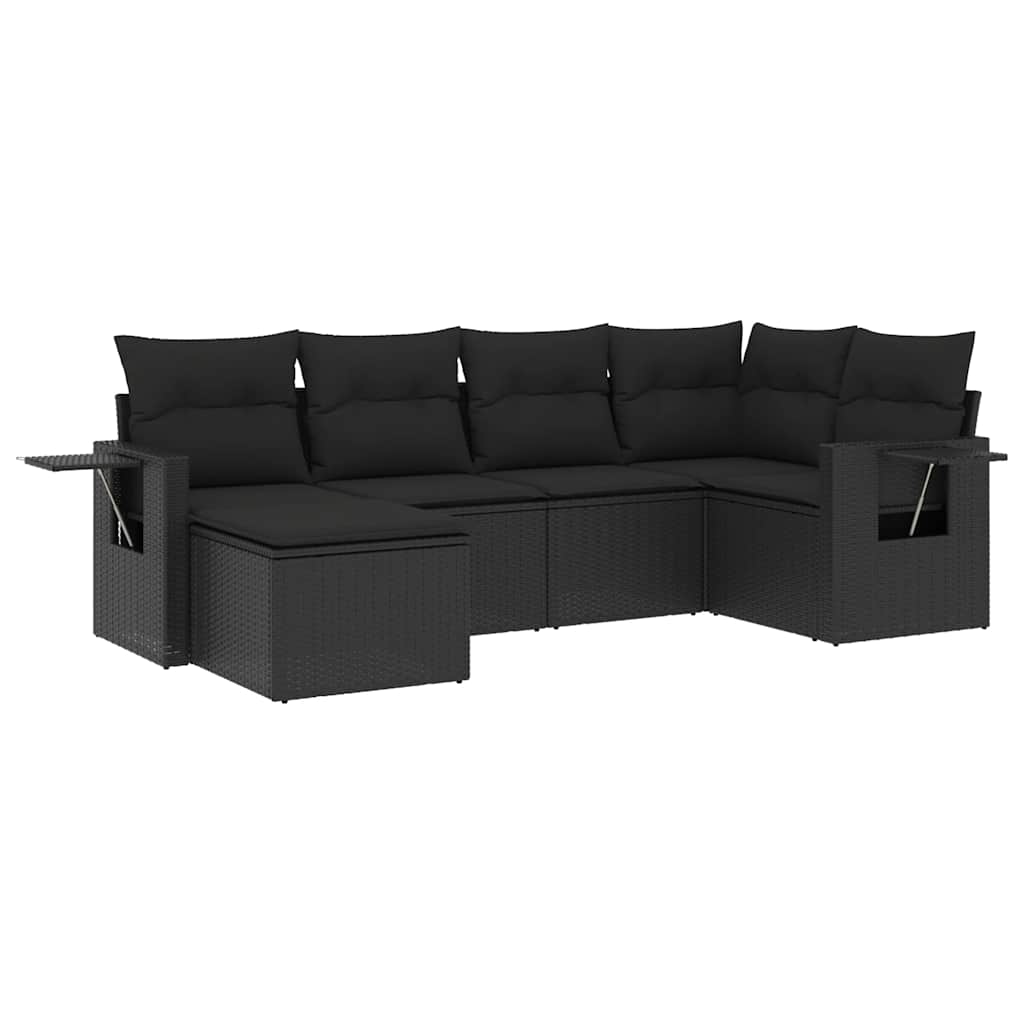 6-delige Loungeset met kussens poly rattan zwart – afbeelding 2