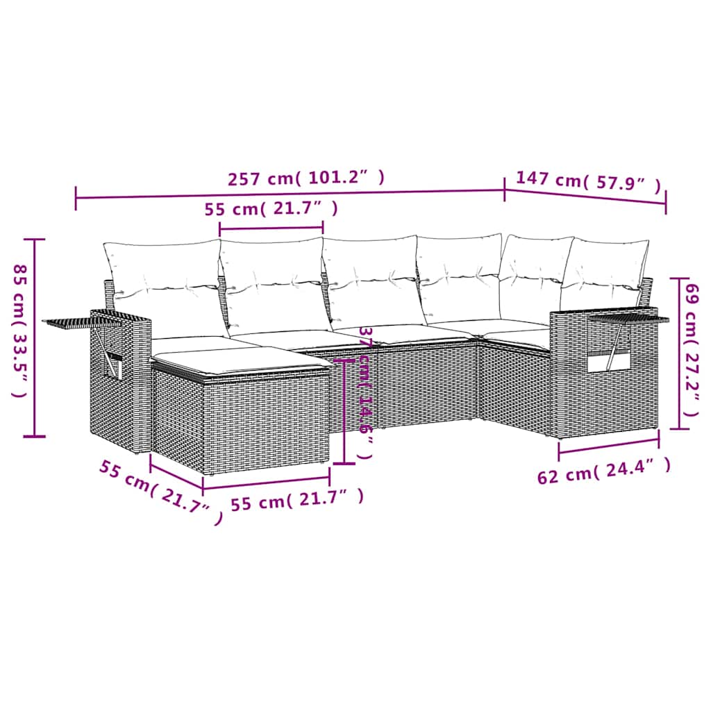 6-delige Loungeset met kussens poly rattan zwart – afbeelding 9