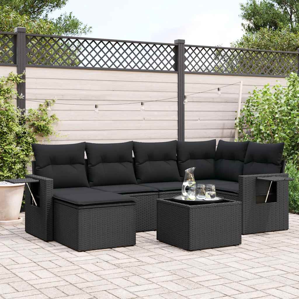 7-delige Loungeset met kussens poly rattan zwart – afbeelding 1