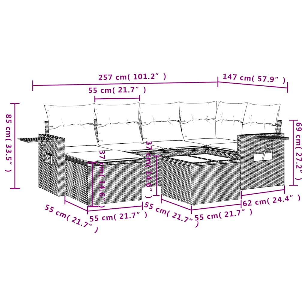 7-delige Loungeset met kussens poly rattan zwart – afbeelding 10