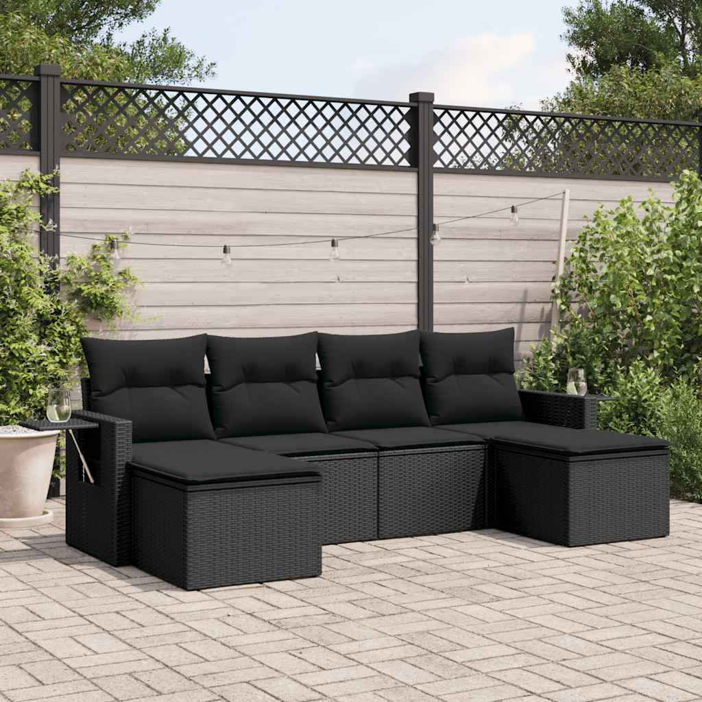 6-delige Loungeset met kussens poly rattan zwart – afbeelding 1