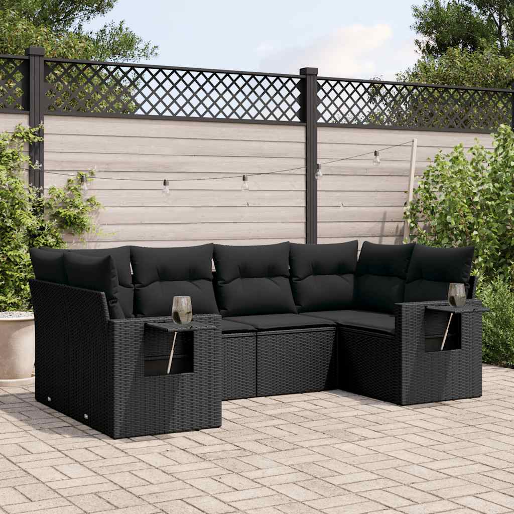 6-delige Loungeset met kussens poly rattan zwart – afbeelding 1