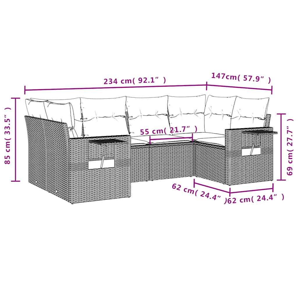 6-delige Loungeset met kussens poly rattan zwart – afbeelding 8