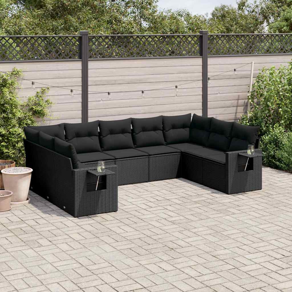 9-delige Loungeset met kussens poly rattan zwart – afbeelding 1