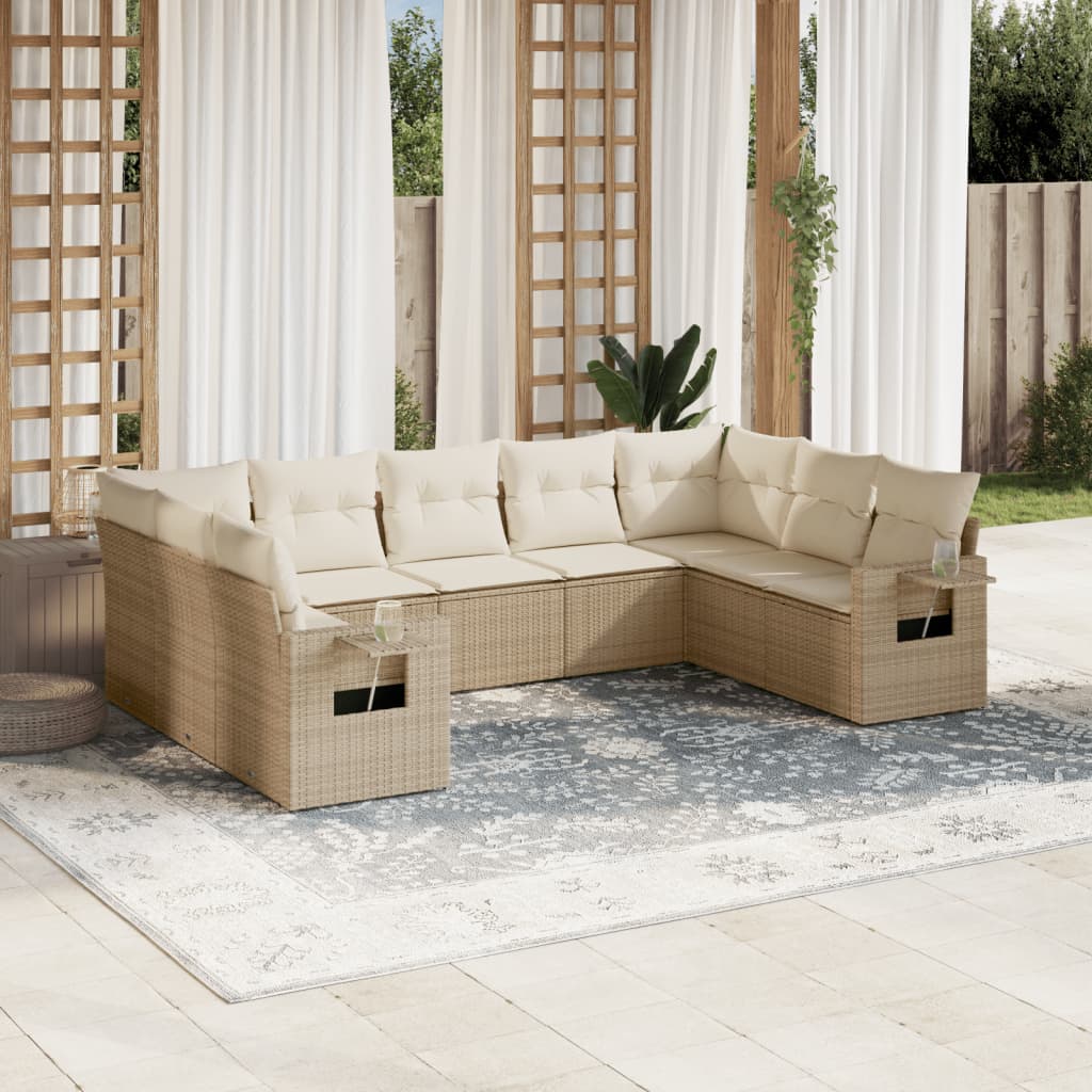 9-delige Loungeset met kussens poly rattan beige – afbeelding 1