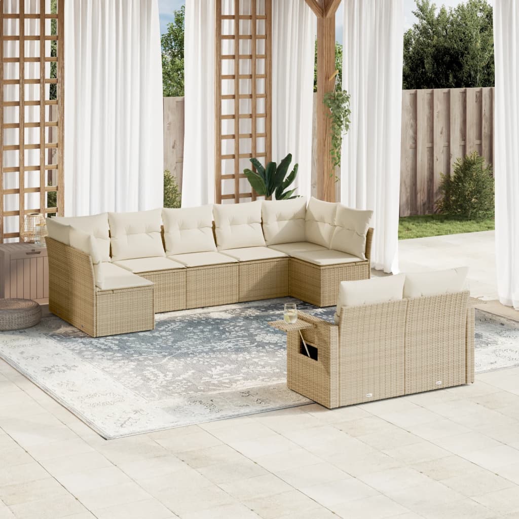 9-delige Loungeset met kussens poly rattan beige – afbeelding 1