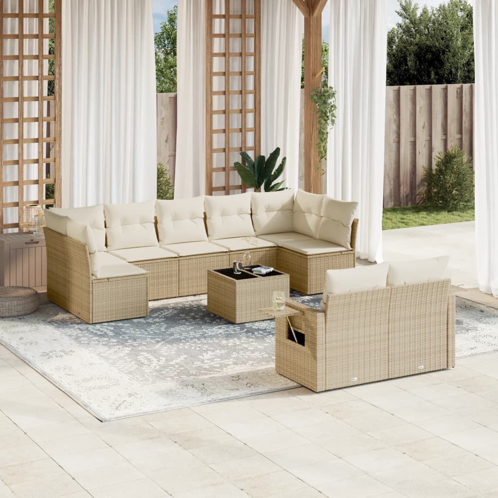 10-delige Loungeset met kussens poly rattan beige – afbeelding 1
