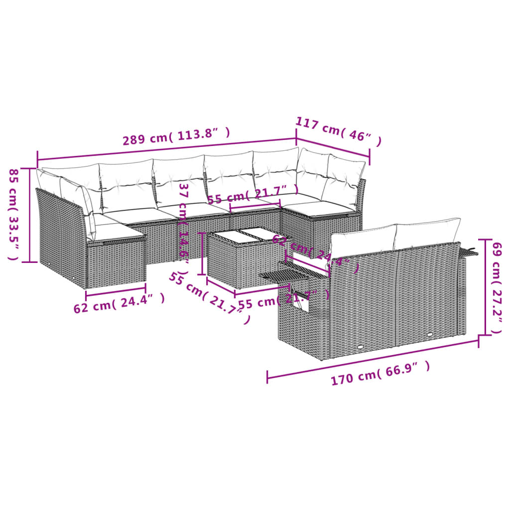 10-delige Loungeset met kussens poly rattan beige – afbeelding 9