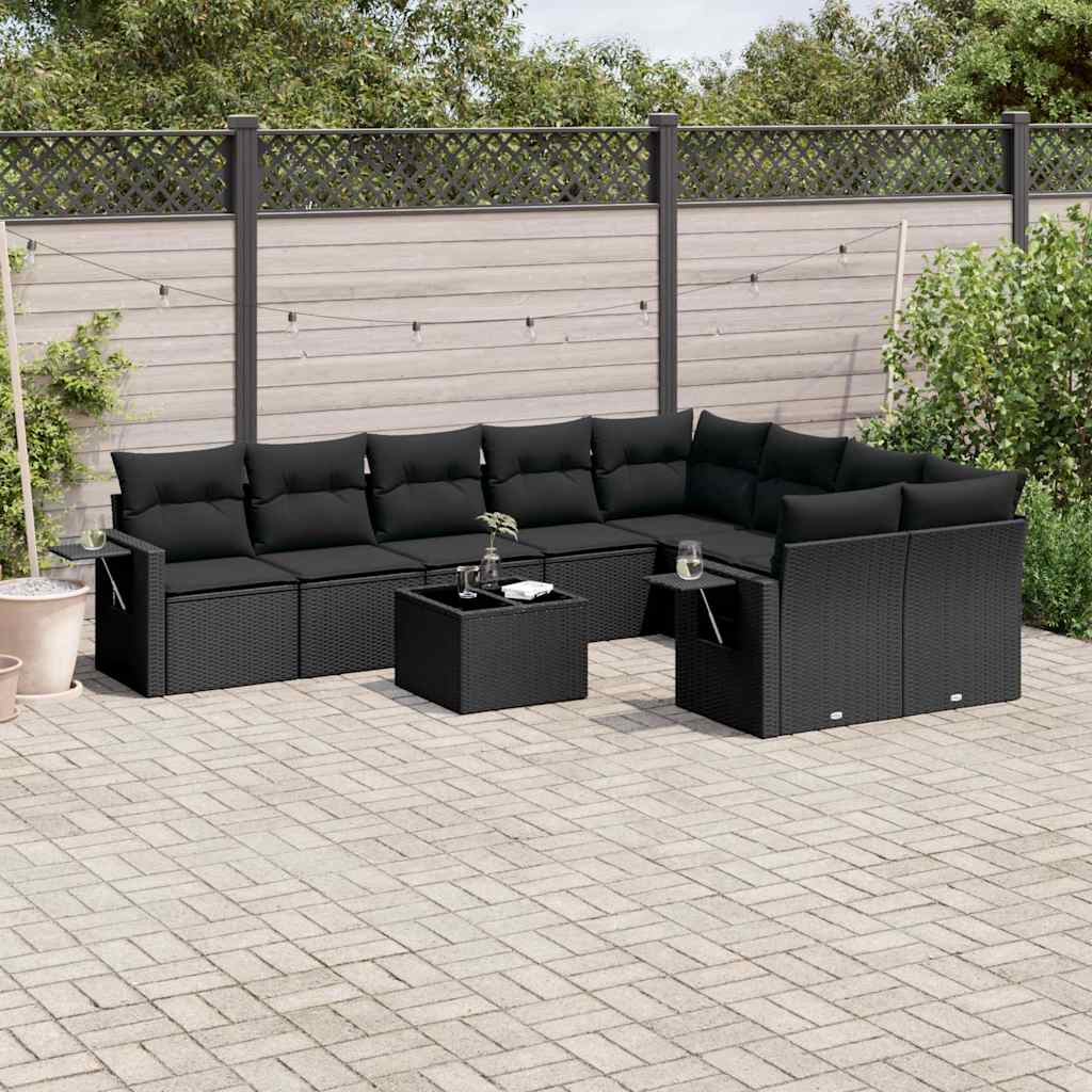 10-delige Loungeset met kussens poly rattan zwart – afbeelding 1