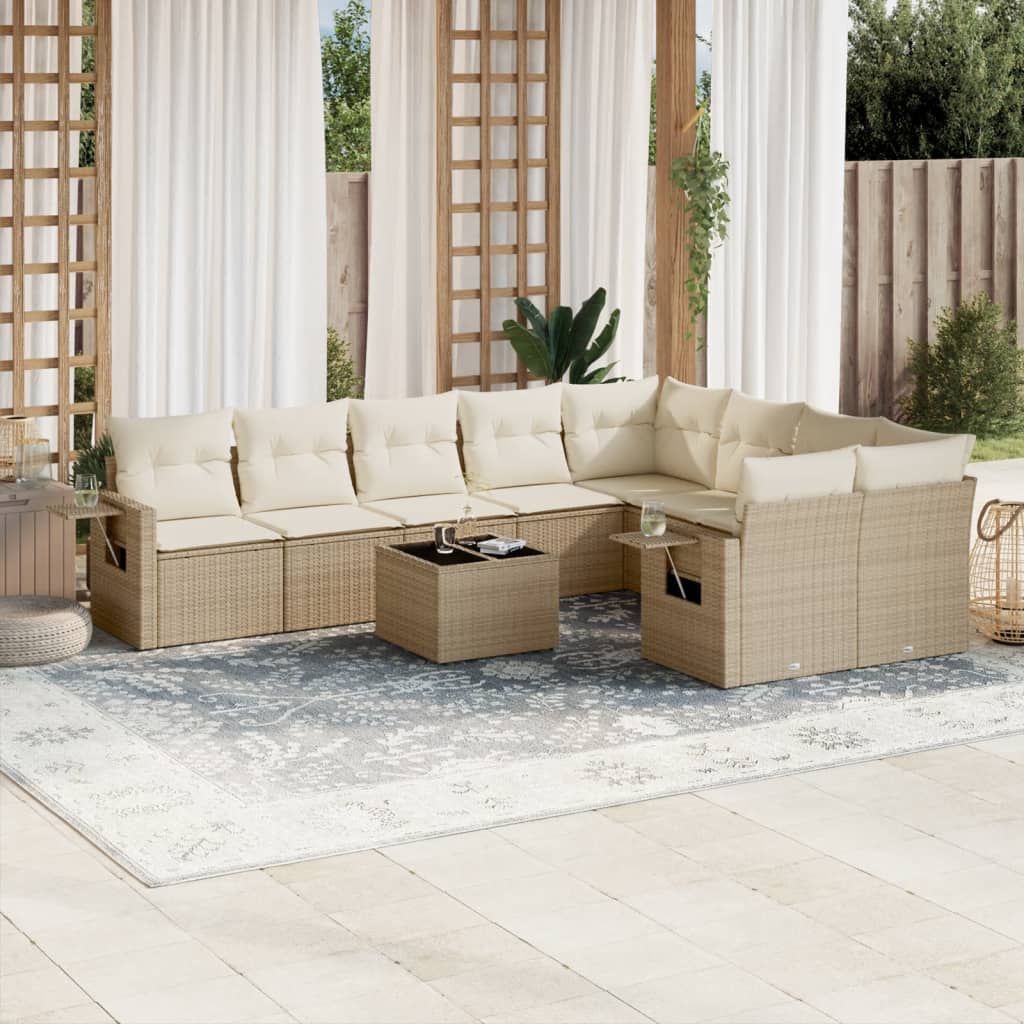 10-delige Loungeset met kussens poly rattan beige – afbeelding 1