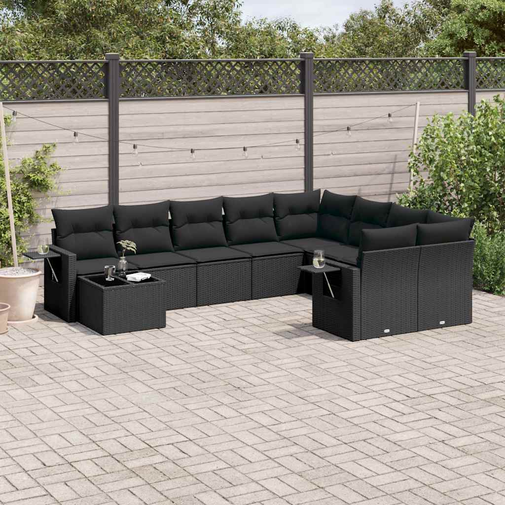 10-delige Loungeset met kussens poly rattan zwart – afbeelding 1