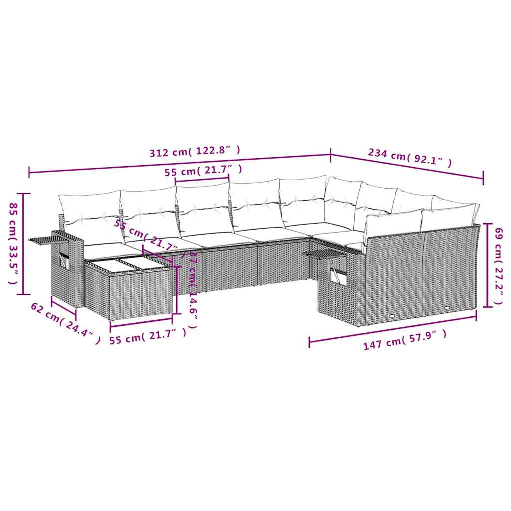 10-delige Loungeset met kussens poly rattan zwart – afbeelding 8
