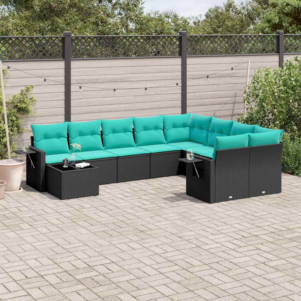 10-delige tuinbankset met kussens van zwart polyrotan – afbeelding 1