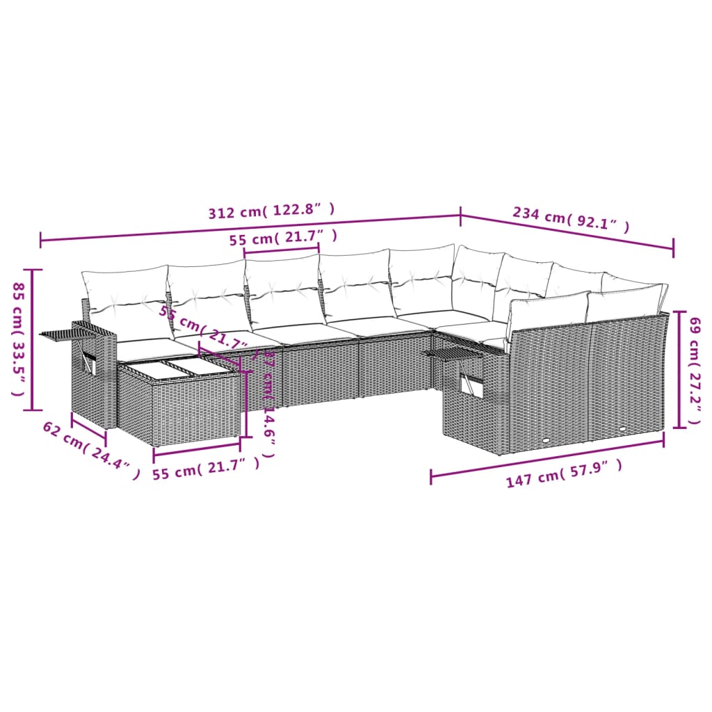 10-delige Loungeset met kussens poly rattan beige – afbeelding 8