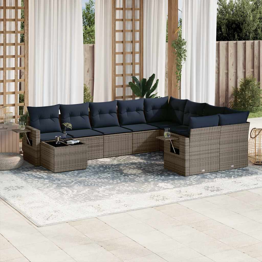 10-delige tuinbankset met kussens, grijs polyrotan – afbeelding 1