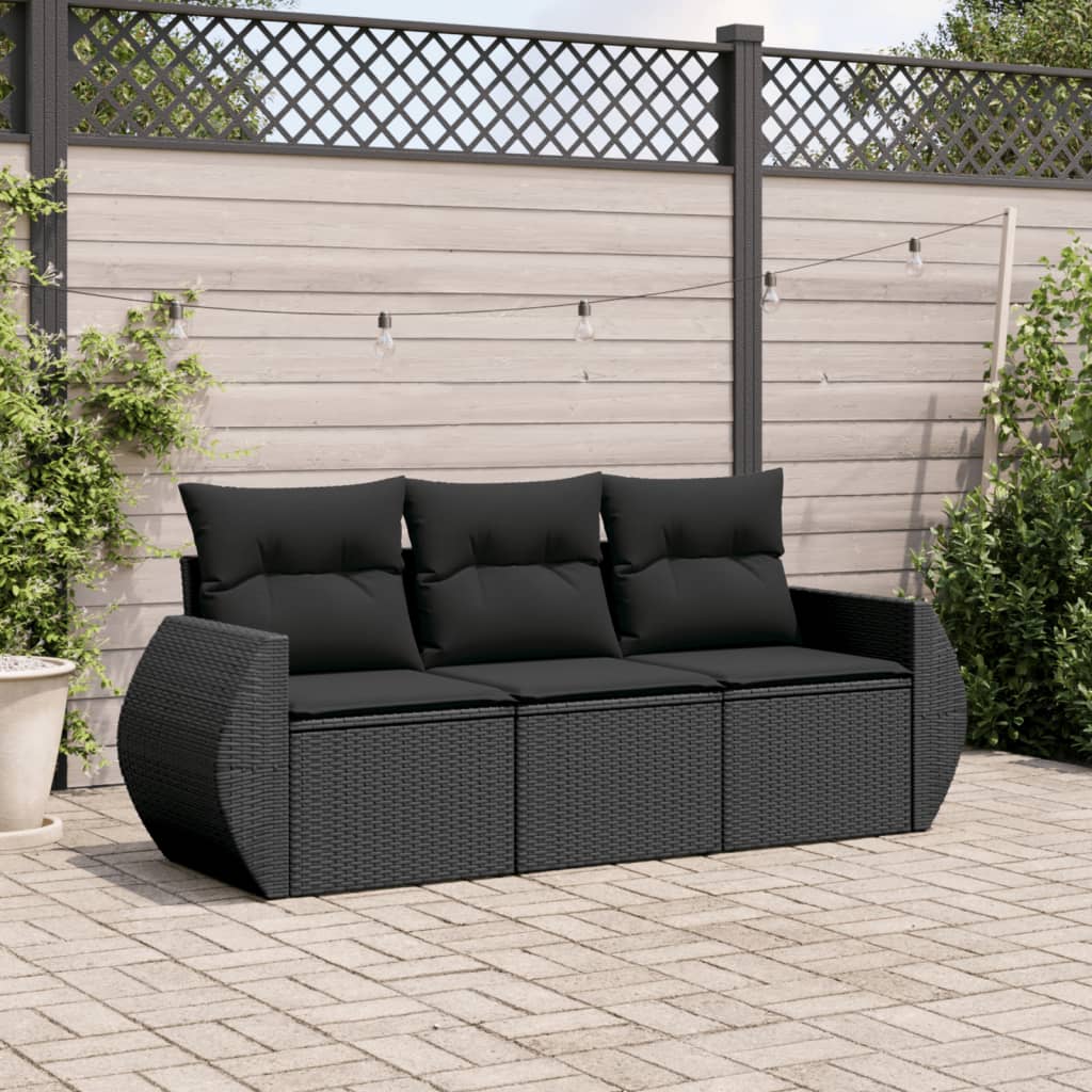 3-delige Loungeset met kussens poly rattan zwart – afbeelding 1