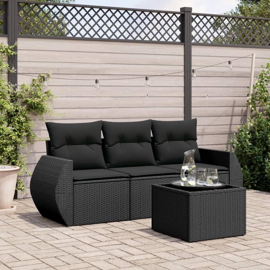 4-delige Loungeset met kussens poly rattan zwart – afbeelding 1