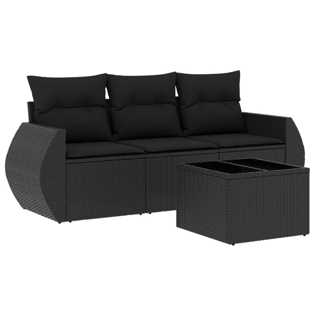 4-delige Loungeset met kussens poly rattan zwart – afbeelding 2