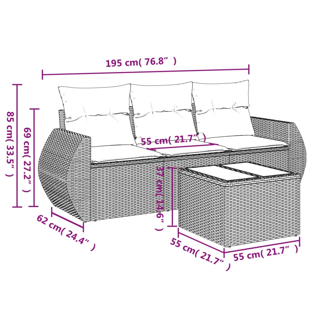 4-delige Loungeset met kussens poly rattan zwart – afbeelding 3