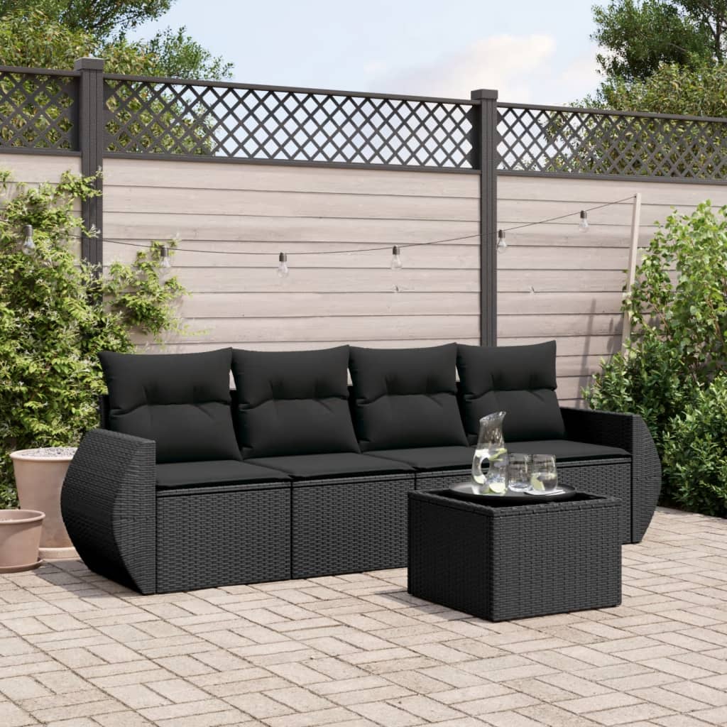 5-delige Loungeset met kussens poly rattan zwart – afbeelding 1