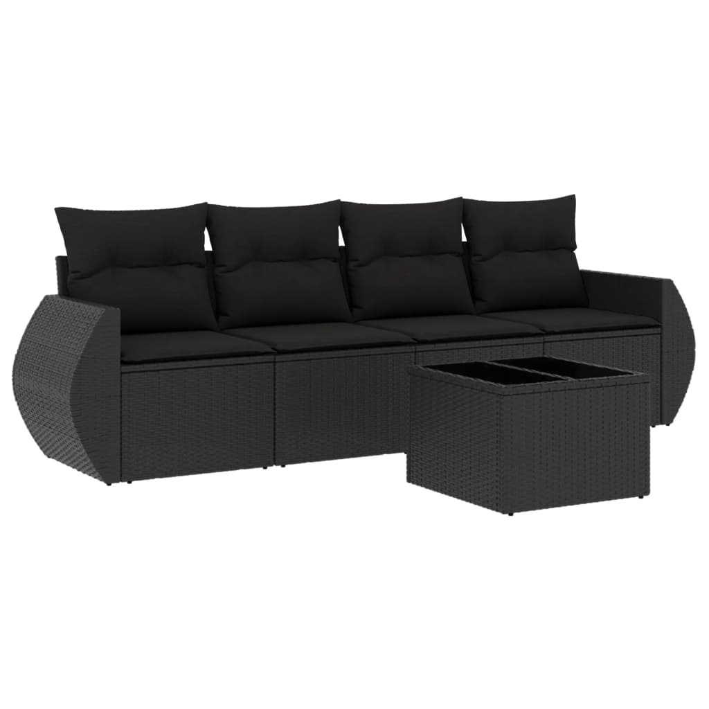 5-delige Loungeset met kussens poly rattan zwart – afbeelding 2