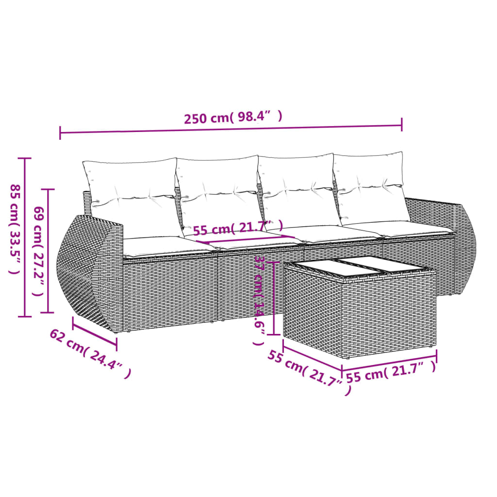 5-delige Loungeset met kussens poly rattan zwart – afbeelding 3