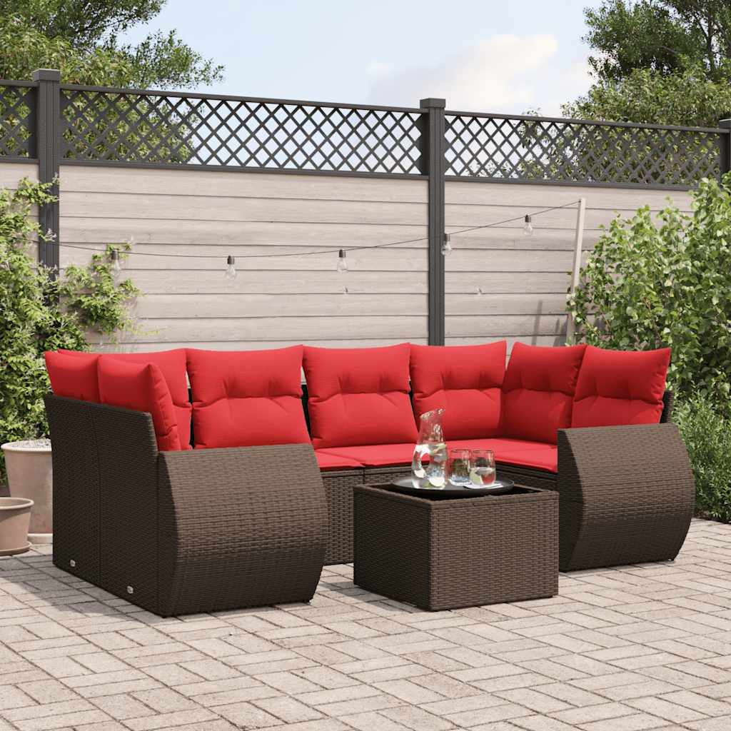 7-delige tuinbankset met kussens, bruin polyrotan – afbeelding 1