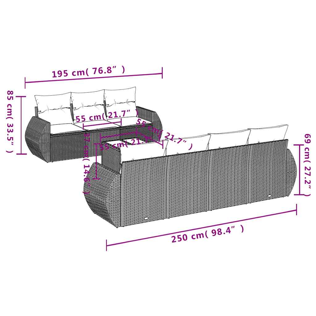 8-delige Loungeset met kussens poly rattan zwart – afbeelding 7