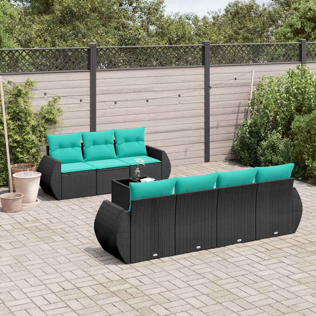 8-delige tuinbankset met kussens, zwart polyrotan – afbeelding 1
