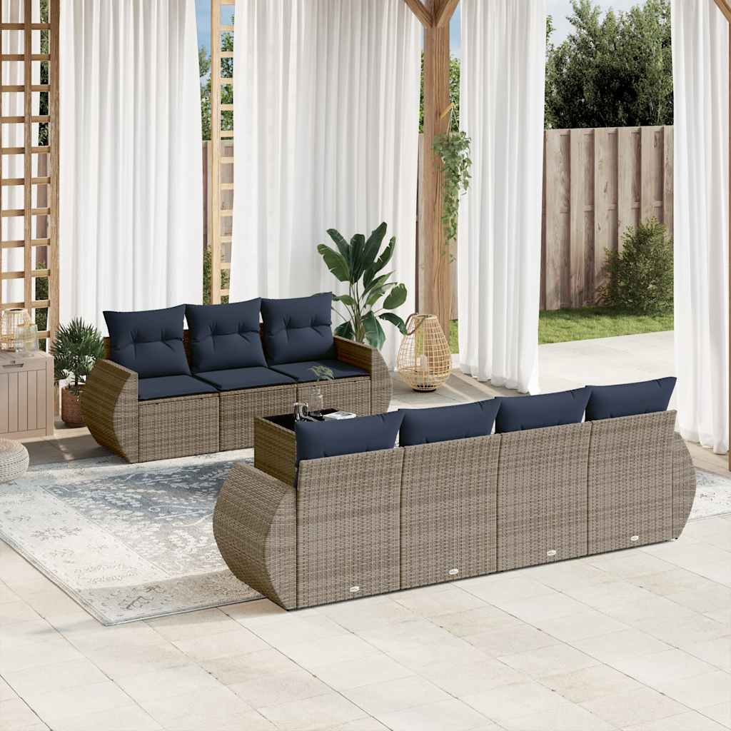 8-delige tuinbankset met kussens, grijs polyrotan – afbeelding 1