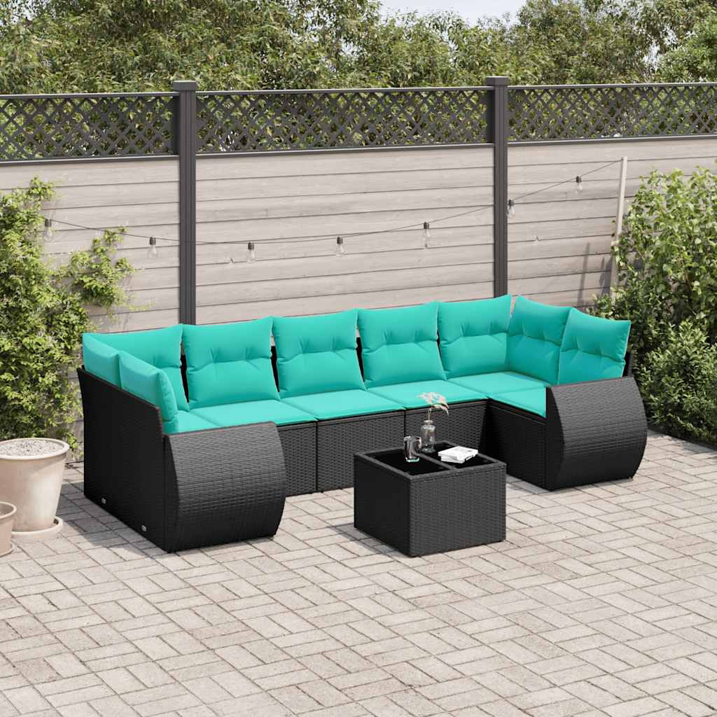 8-delige tuinbankset met kussens, zwart polyrotan – afbeelding 1