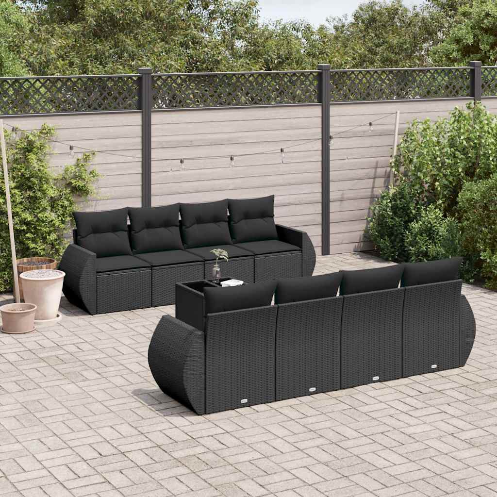 9-delige Loungeset met kussens poly rattan zwart – afbeelding 1