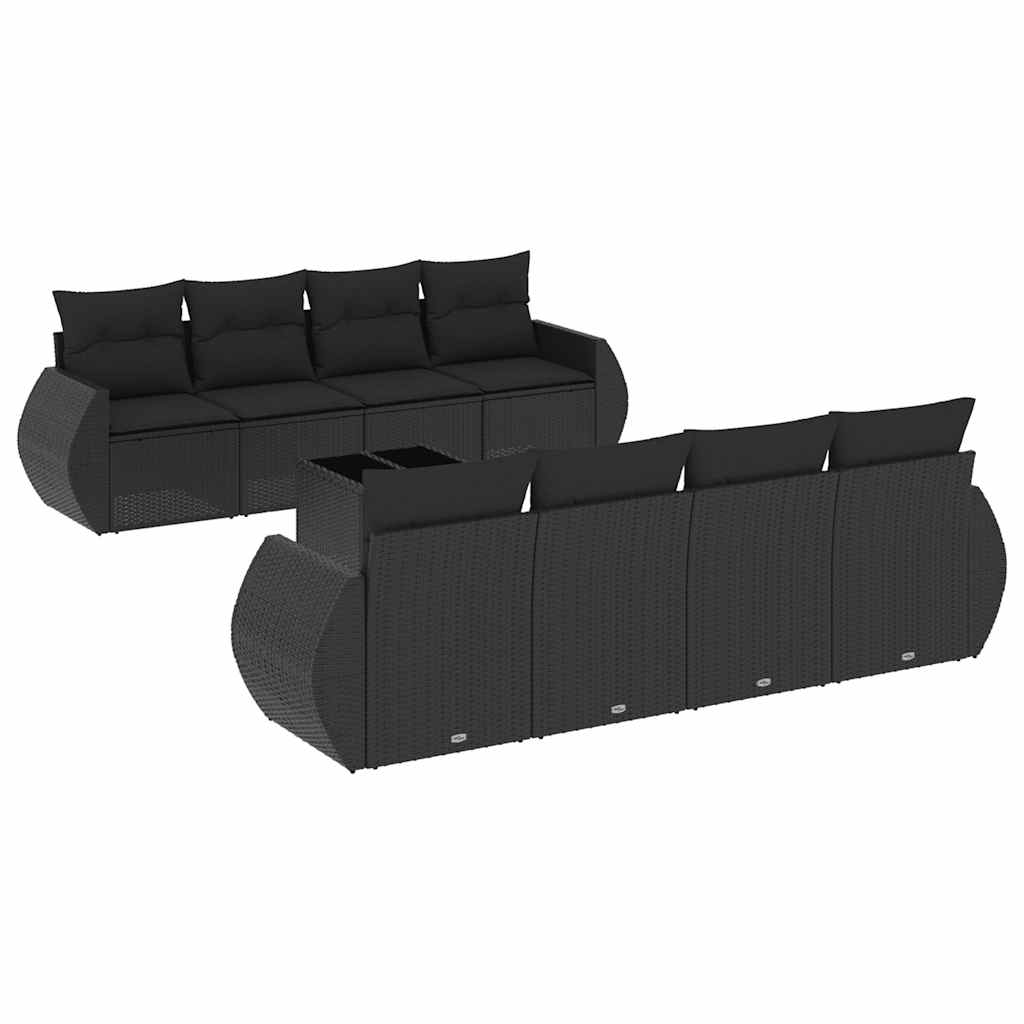 9-delige Loungeset met kussens poly rattan zwart – afbeelding 2