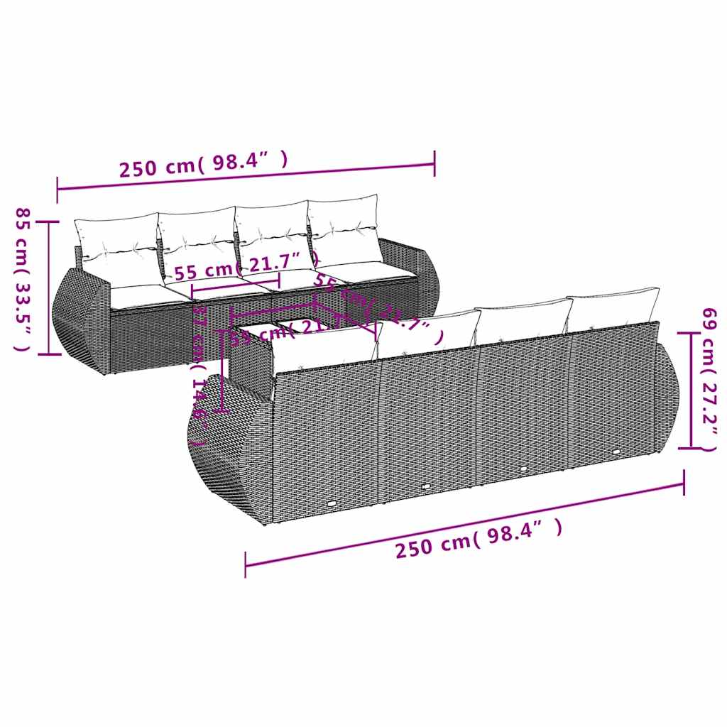 9-delige Loungeset met kussens poly rattan zwart – afbeelding 7