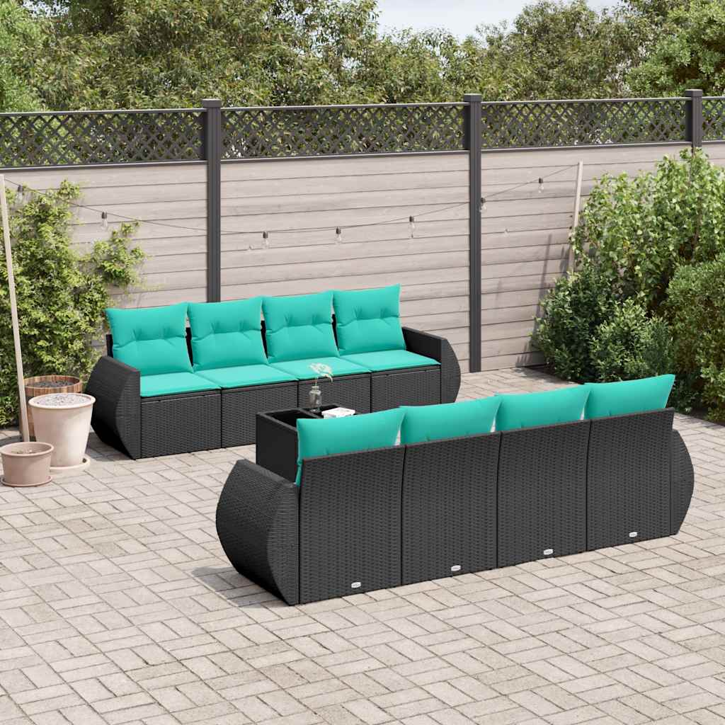 9-delige tuinbankset met kussens van zwart polyrotan – afbeelding 1