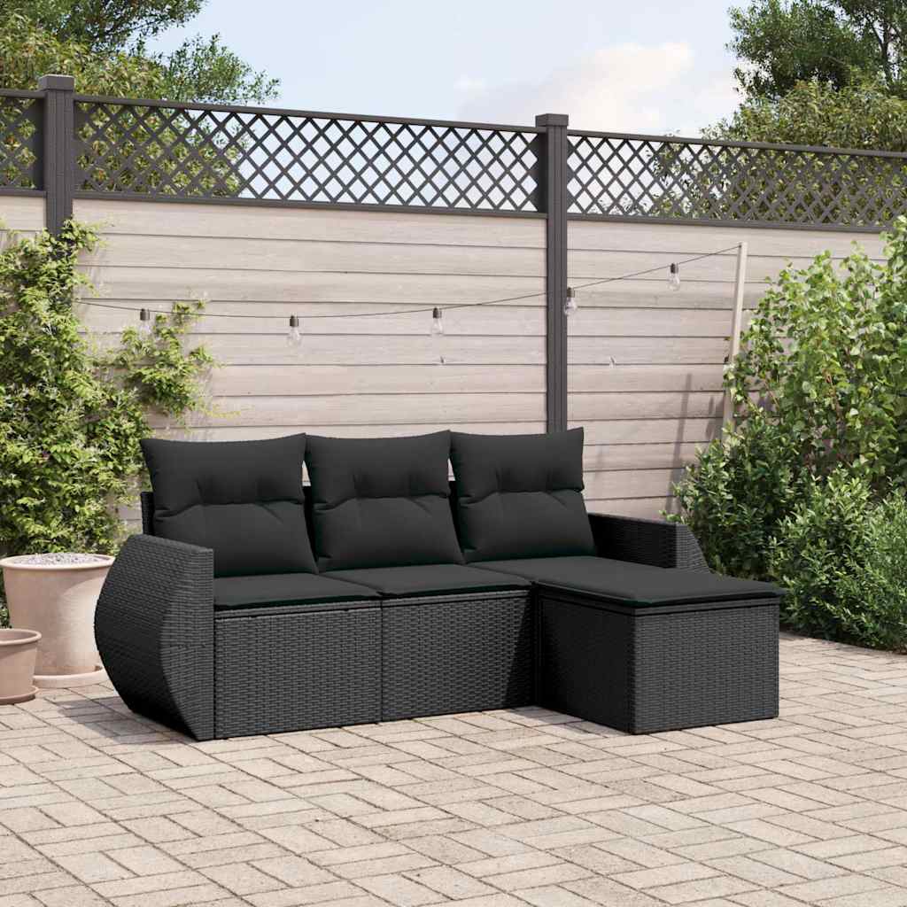 4-delige Loungeset met kussens poly rattan zwart – afbeelding 1