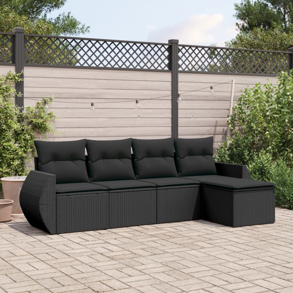 5-delige Loungeset met kussens poly rattan zwart – afbeelding 1